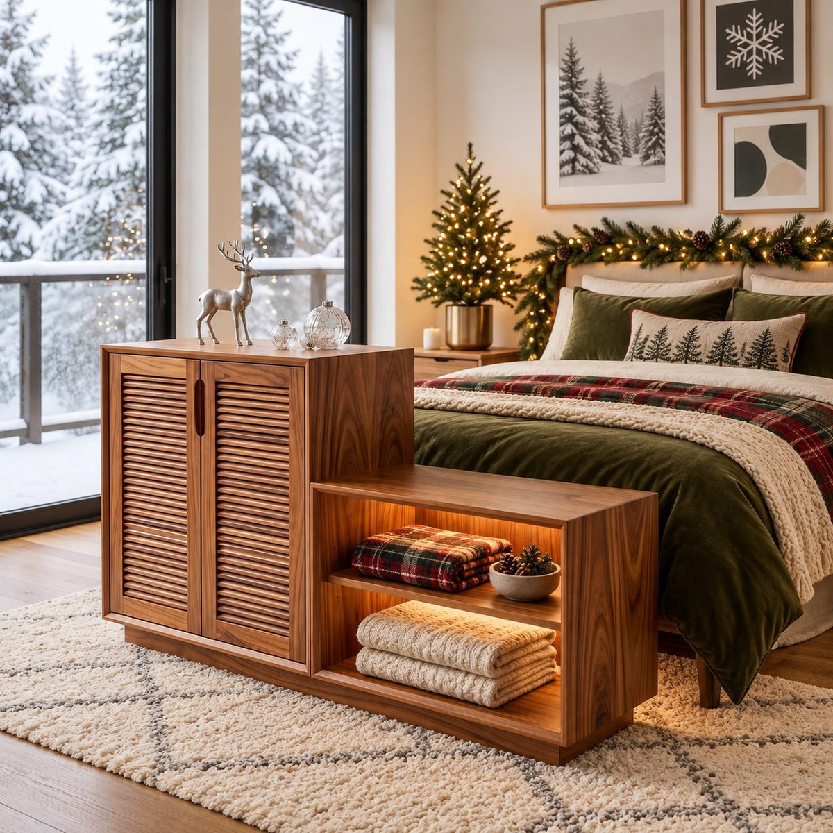 Louvered Door Storage Cabinet with Low Open Shelf Step, Solid Wood Two Door Sideboard