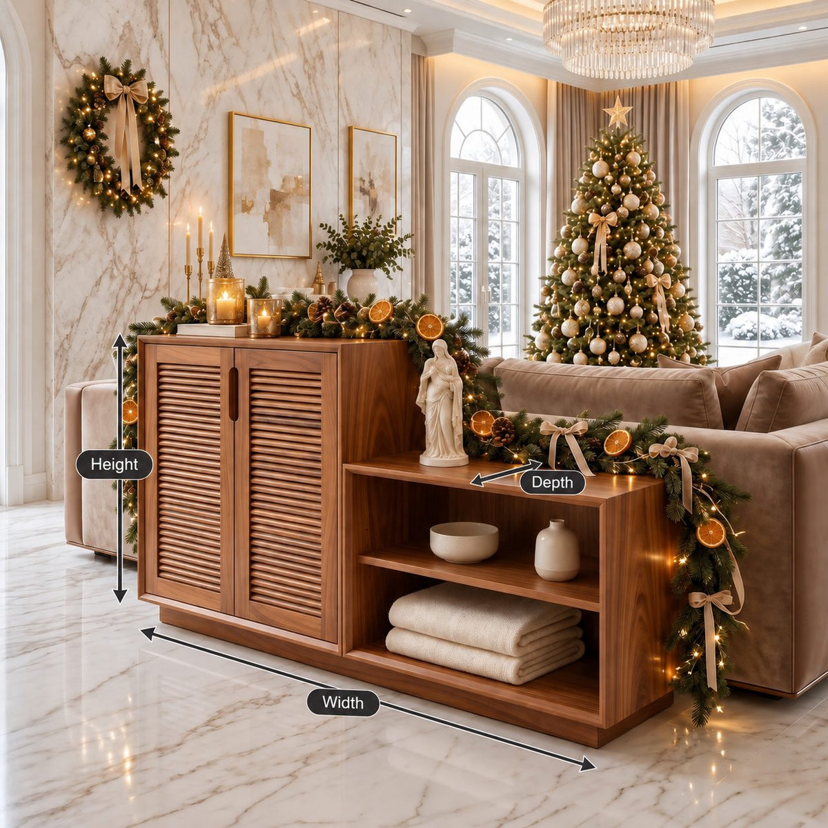 Louvered Door Storage Cabinet with Low Open Shelf Step, Solid Wood Two Door Sideboard