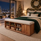 Wavy Divider Cubby Storage Bench with Side Door, Solid Wood End of Bed Bench with Open Cubbies