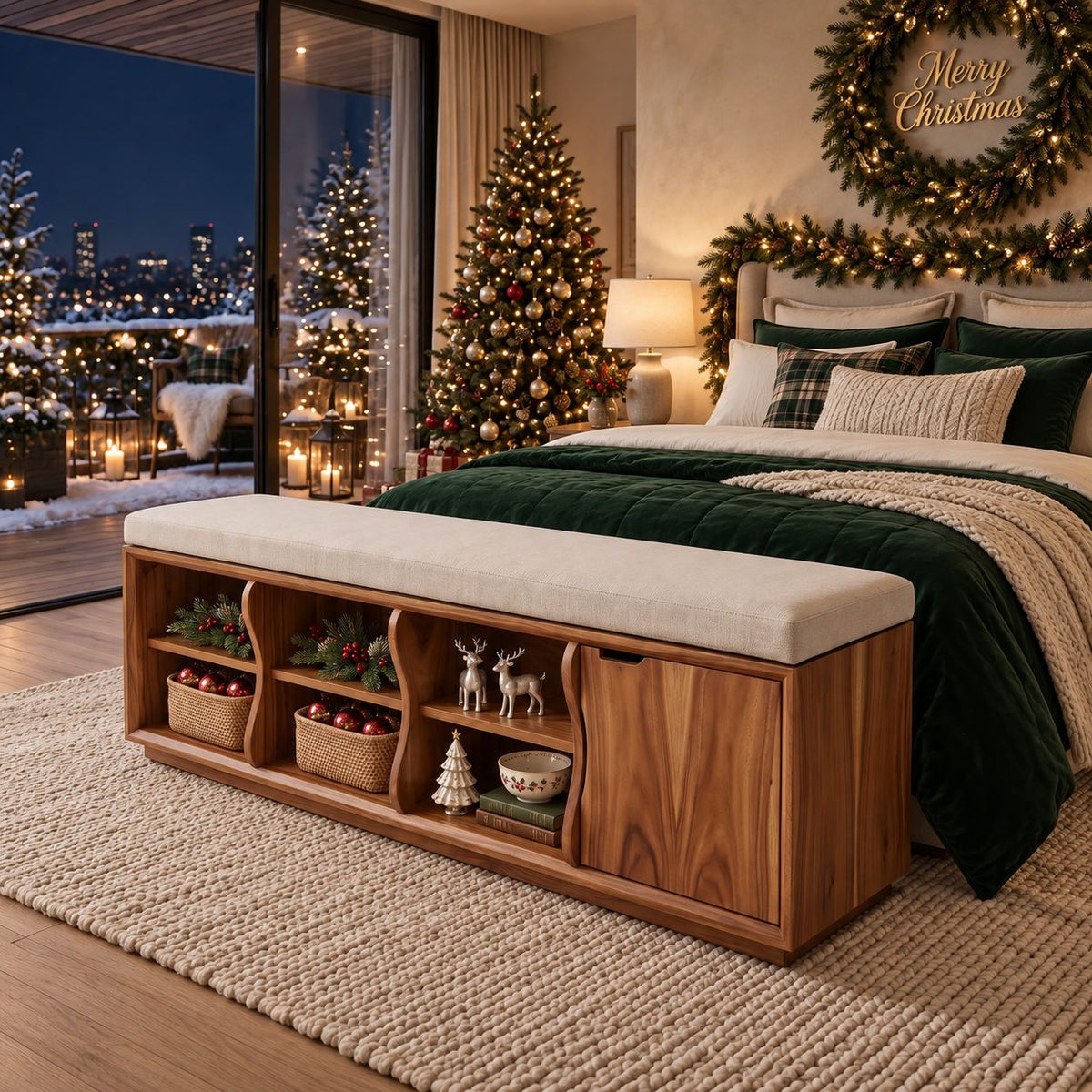 Wavy Divider Cubby Storage Bench with Side Door, Solid Wood End of Bed Bench with Open Cubbies