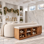 Wavy Divider Cubby Storage Bench with Side Door, Solid Wood End of Bed Bench with Open Cubbies