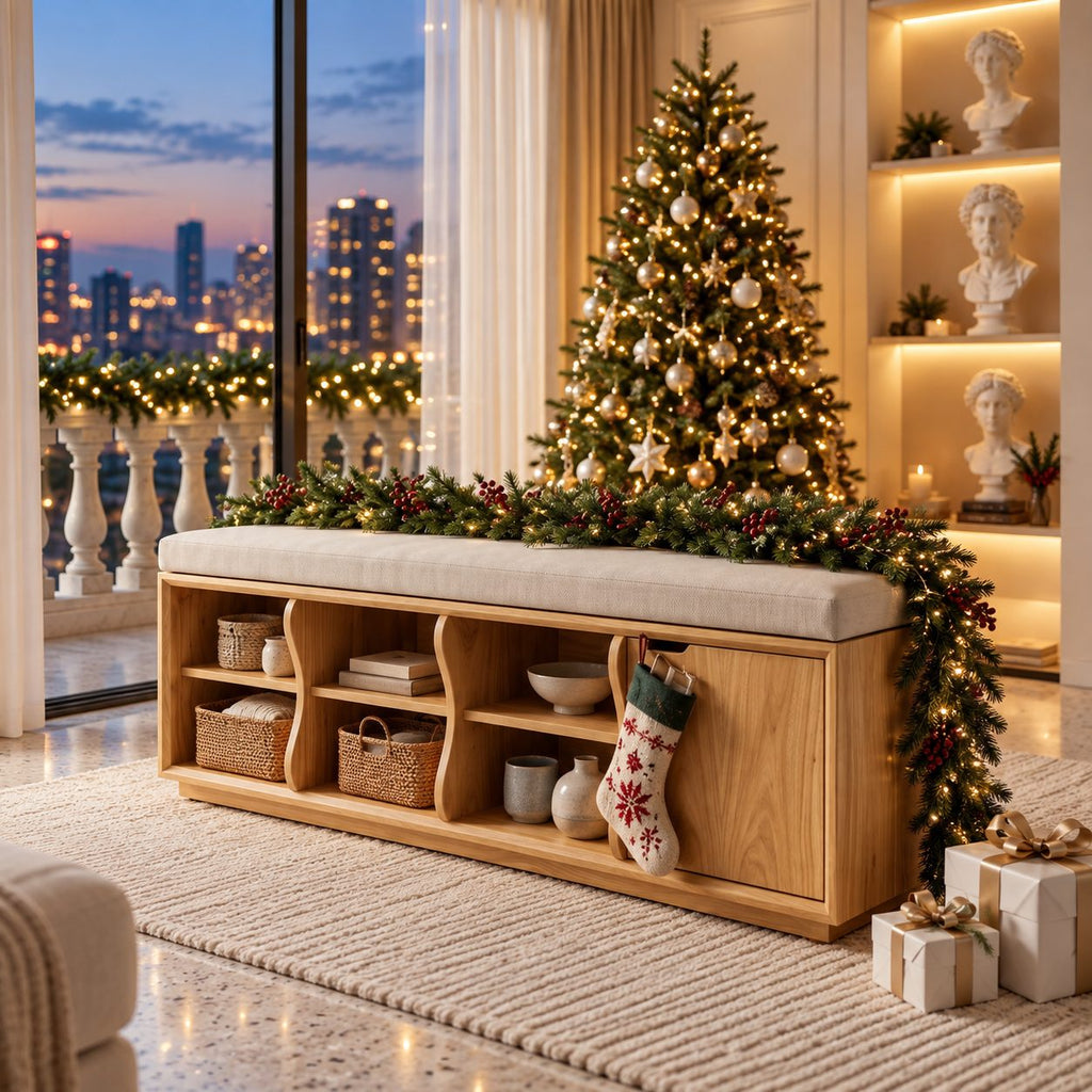 Wavy Divider Cubby Storage Bench with Side Door, Solid Wood End of Bed Bench with Open Cubbies