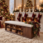 Wavy Divider Cubby Storage Bench with Side Door, Solid Wood End of Bed Bench with Open Cubbies