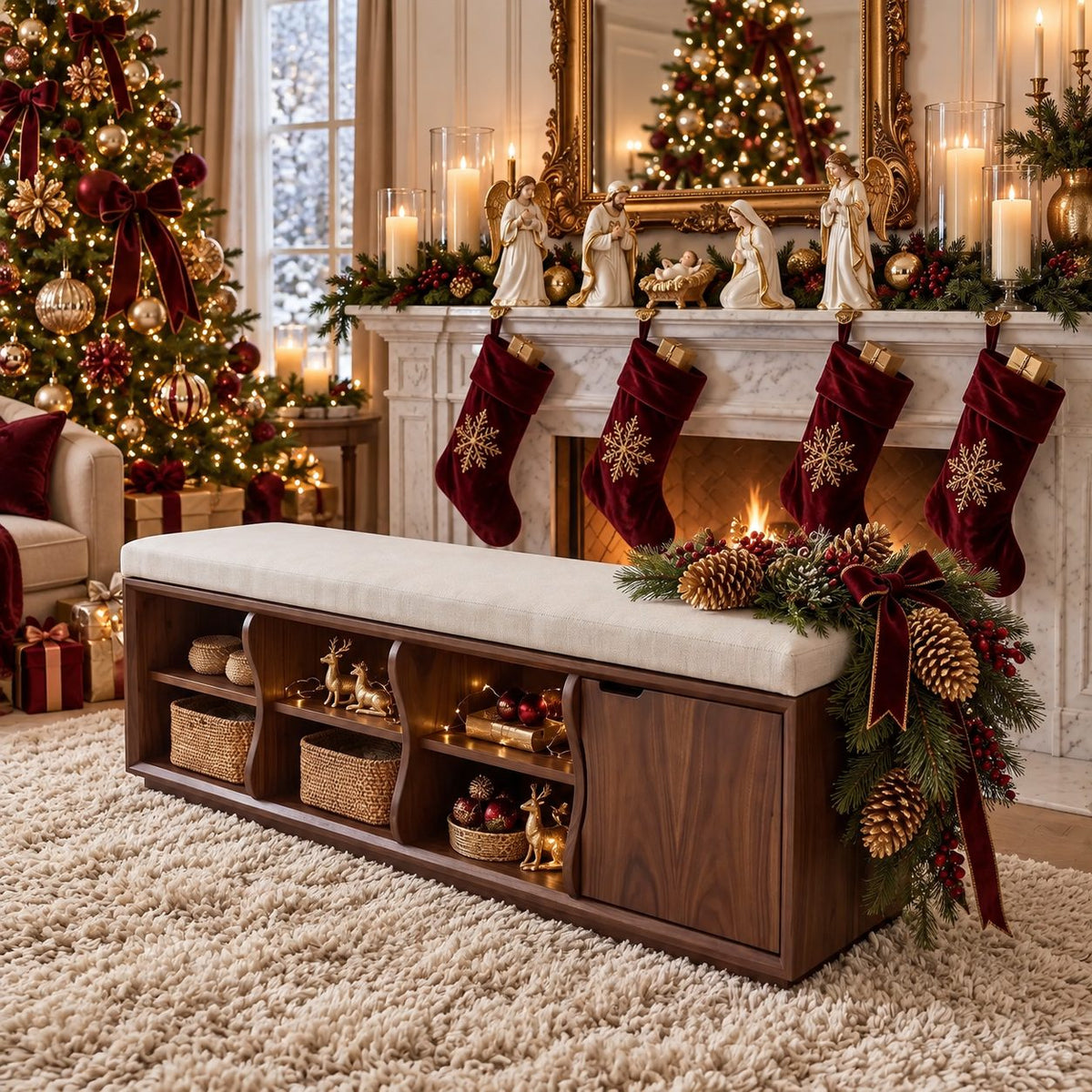 Wavy Divider Cubby Storage Bench with Side Door, Solid Wood End of Bed Bench with Open Cubbies