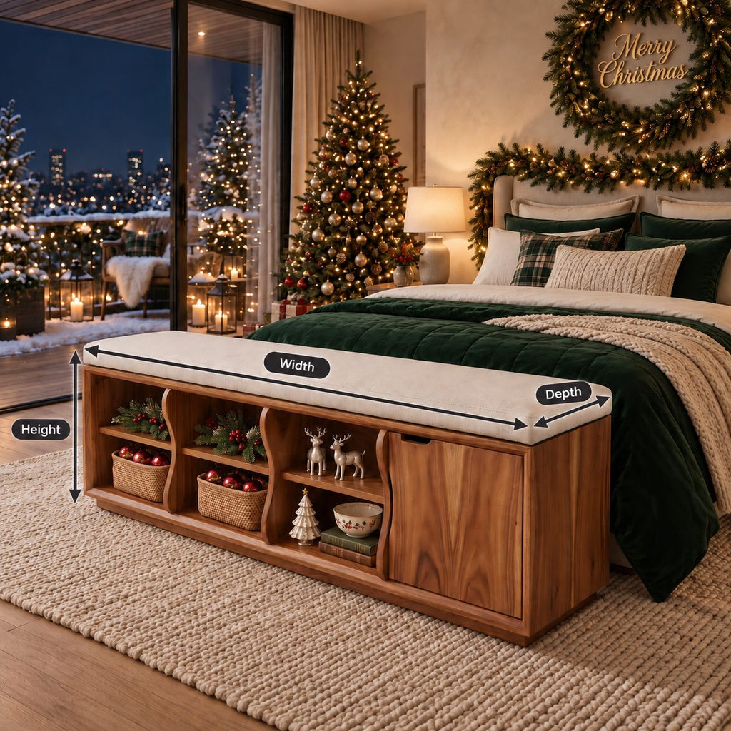 Wavy Divider Cubby Storage Bench with Side Door, Solid Wood End of Bed Bench with Open Cubbies