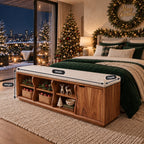 Wavy Divider Cubby Storage Bench with Side Door, Solid Wood End of Bed Bench with Open Cubbies