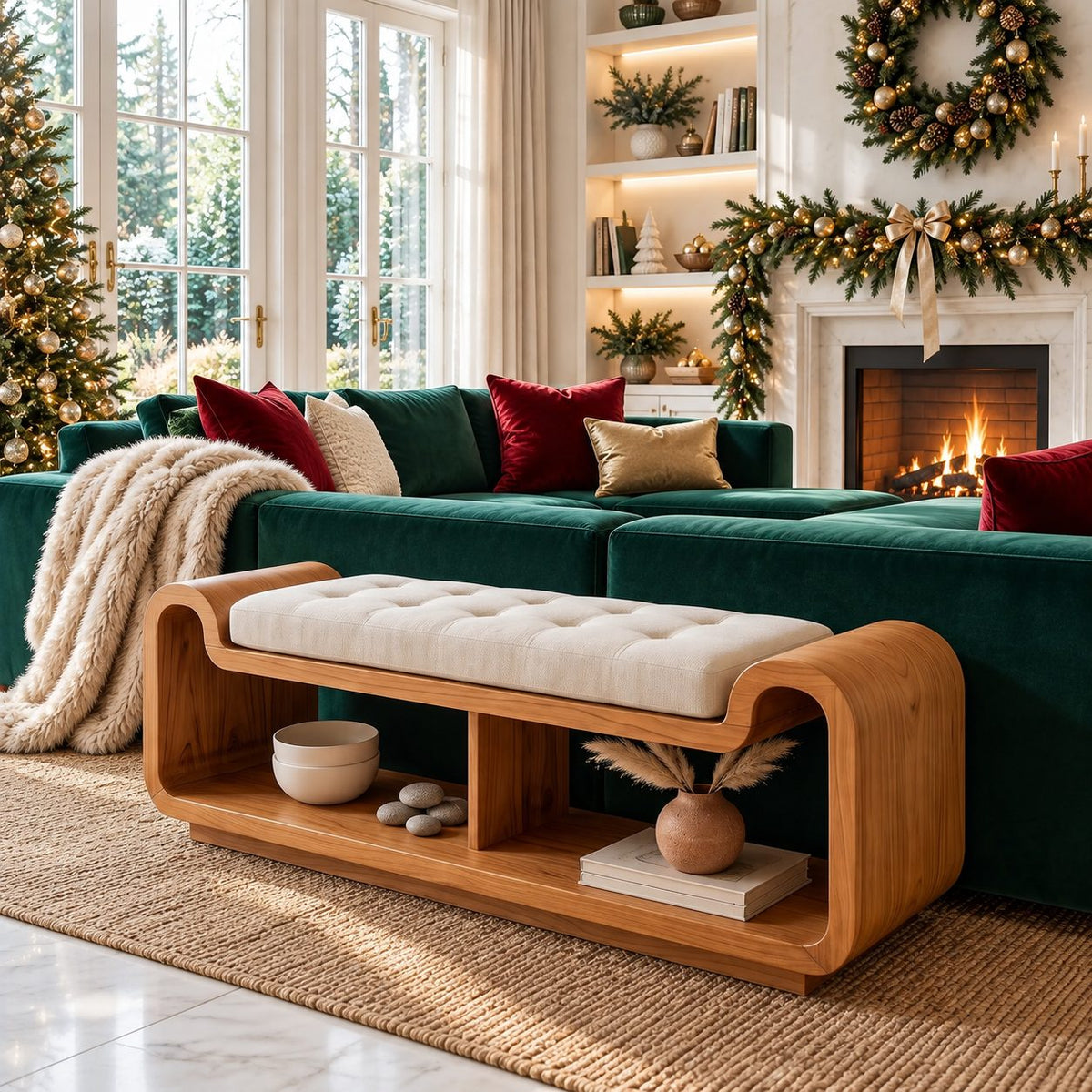 Curved Waterfall Storage Bench with Open Shelf, Sculpted Solid Wood End of Bed Bench with Rounded Ends