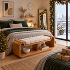 Curved Waterfall Storage Bench with Open Shelf, Sculpted Solid Wood End of Bed Bench with Rounded Ends