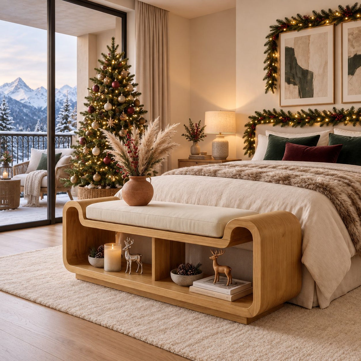 Curved Waterfall Storage Bench with Open Shelf, Sculpted Solid Wood End of Bed Bench with Rounded Ends
