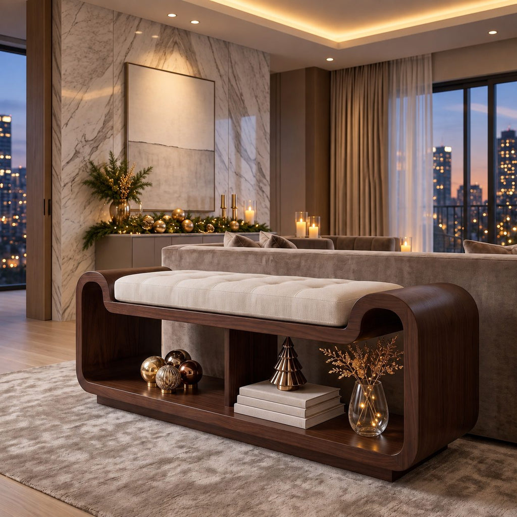Curved Waterfall Storage Bench with Open Shelf, Sculpted Solid Wood End of Bed Bench with Rounded Ends