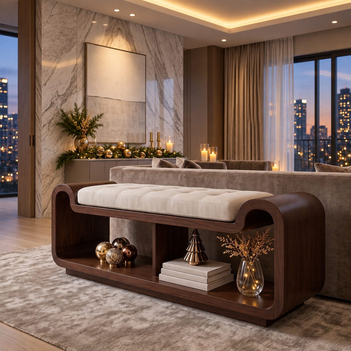 Curved Waterfall Storage Bench with Open Shelf, Sculpted Solid Wood End of Bed Bench with Rounded Ends
