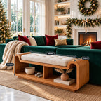 Curved Waterfall Storage Bench with Open Shelf, Sculpted Solid Wood End of Bed Bench with Rounded Ends