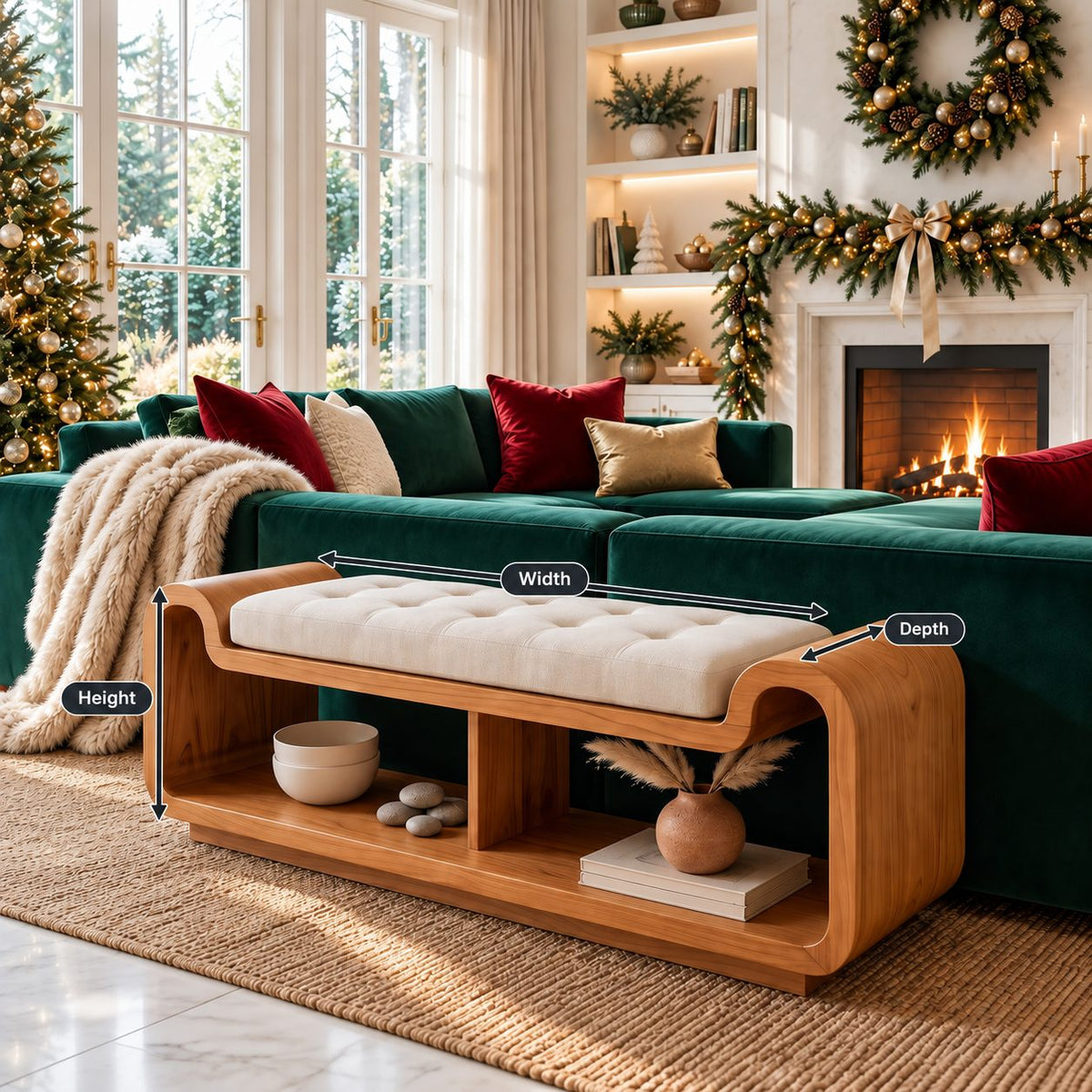 Curved Waterfall Storage Bench with Open Shelf, Sculpted Solid Wood End of Bed Bench with Rounded Ends