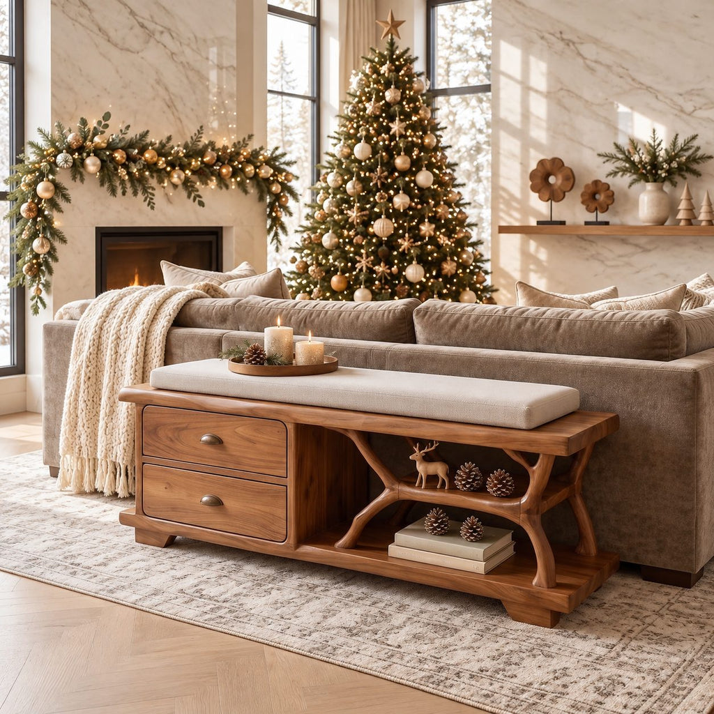 Carved Arch Support Storage Bench with Two Drawers, Solid Wood End of Bed Bench with Open Shelf