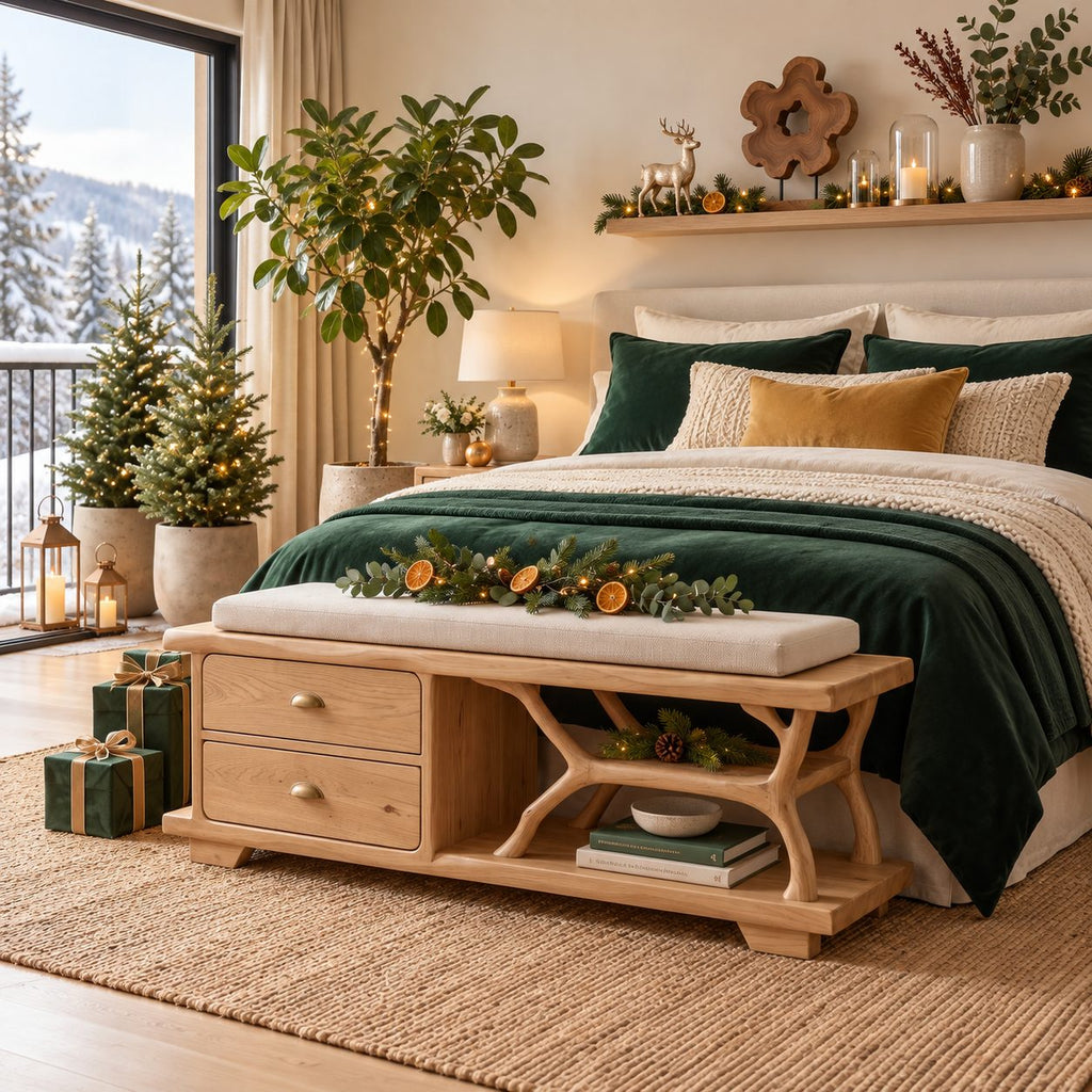 Carved Arch Support Storage Bench with Two Drawers, Solid Wood End of Bed Bench with Open Shelf