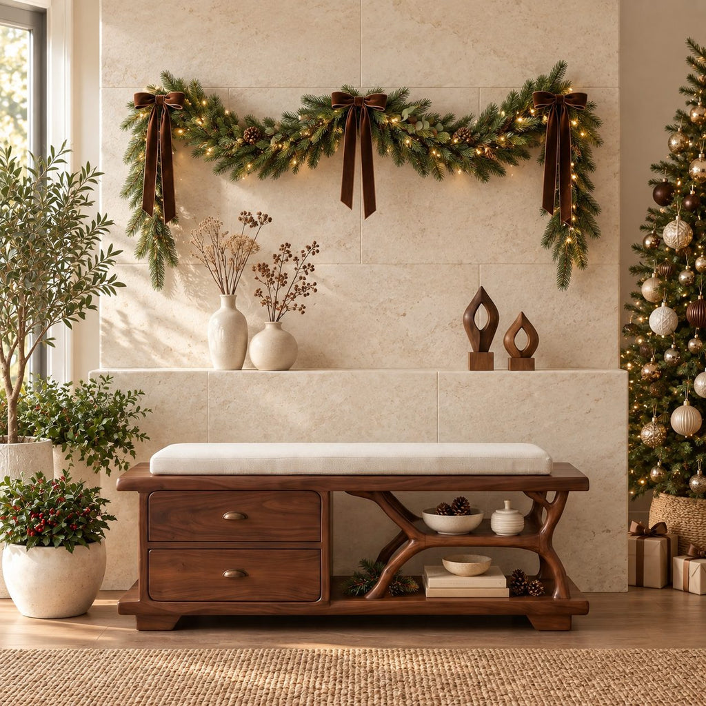 Carved Arch Support Storage Bench with Two Drawers, Solid Wood End of Bed Bench with Open Shelf