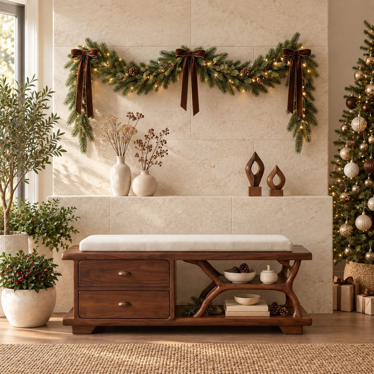 Carved Arch Support Storage Bench with Two Drawers, Solid Wood End of Bed Bench with Open Shelf