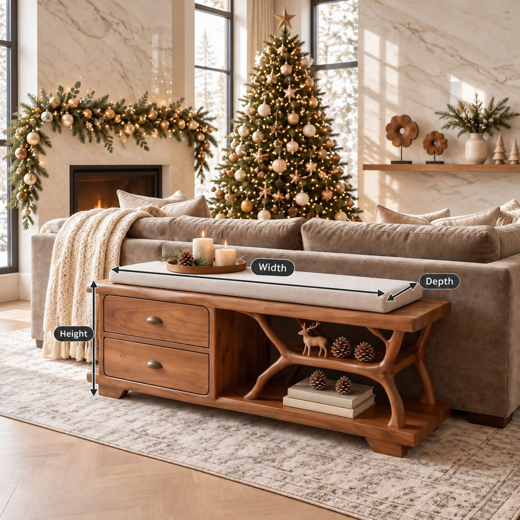 Carved Arch Support Storage Bench with Two Drawers, Solid Wood End of Bed Bench with Open Shelf
