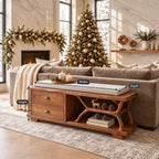 Carved Arch Support Storage Bench with Two Drawers, Solid Wood End of Bed Bench with Open Shelf