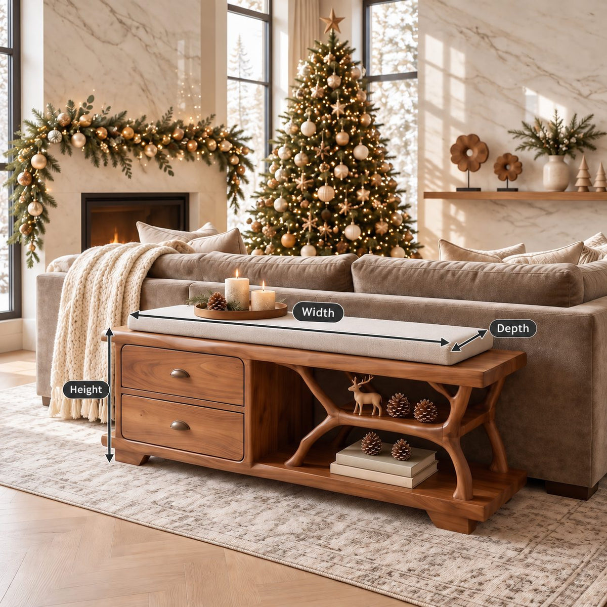 Carved Arch Support Storage Bench with Two Drawers, Solid Wood End of Bed Bench with Open Shelf