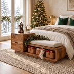 Drawer Tower Storage Bench with Curved Low Seat, Solid Wood End of Bed Bench with Open Shelf