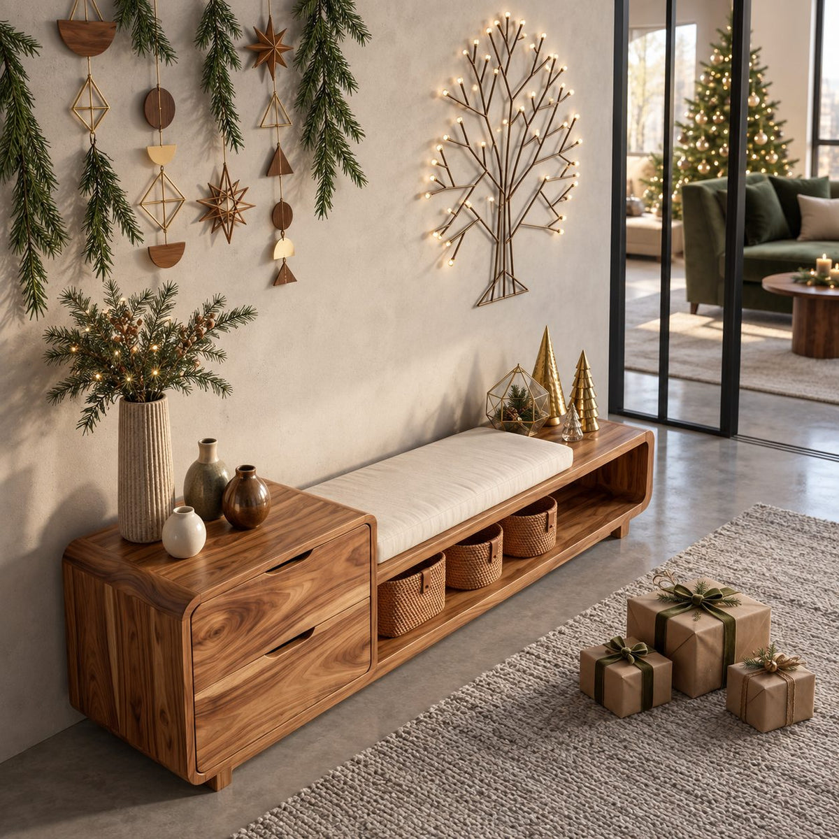 Drawer Tower Storage Bench with Curved Low Seat, Solid Wood End of Bed Bench with Open Shelf