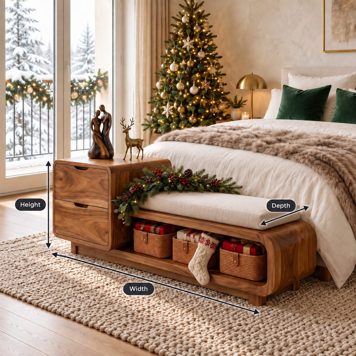 Drawer Tower Storage Bench with Curved Low Seat, Solid Wood End of Bed Bench with Open Shelf