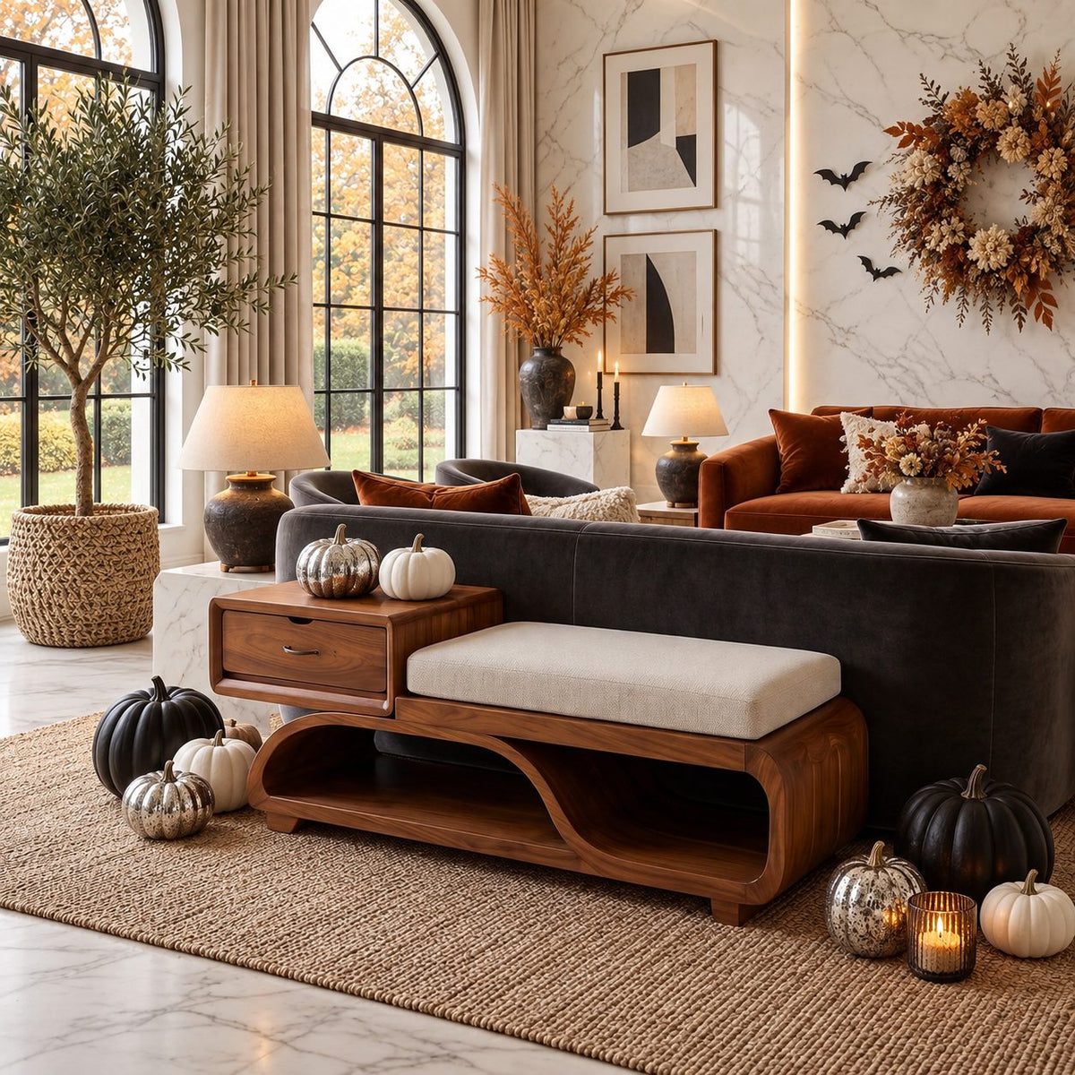 Floating Drawer S Curve Storage Bench, Sculpted Solid Wood End of Bed Bench with Open Loop Shelf