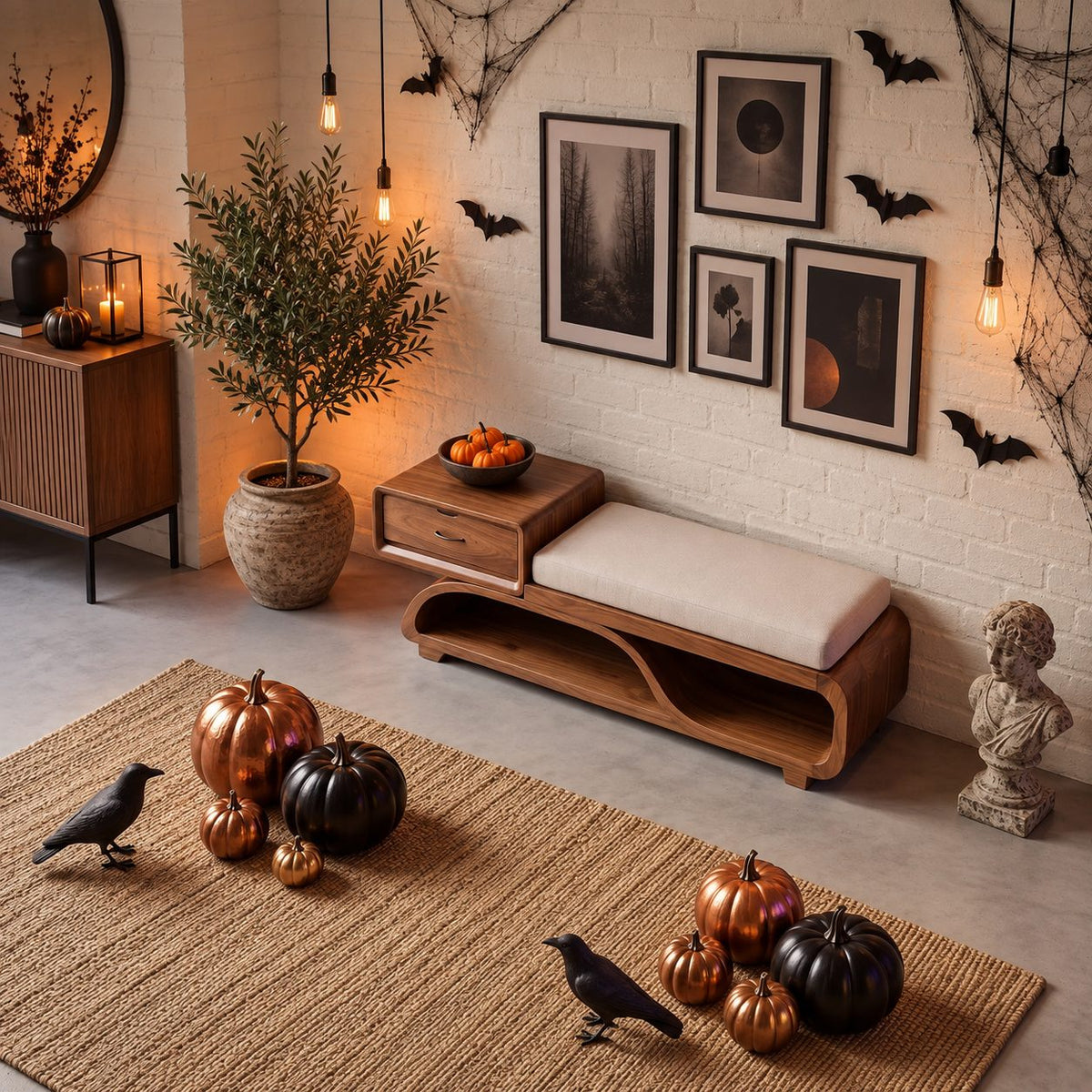 Floating Drawer S Curve Storage Bench, Sculpted Solid Wood End of Bed Bench with Open Loop Shelf