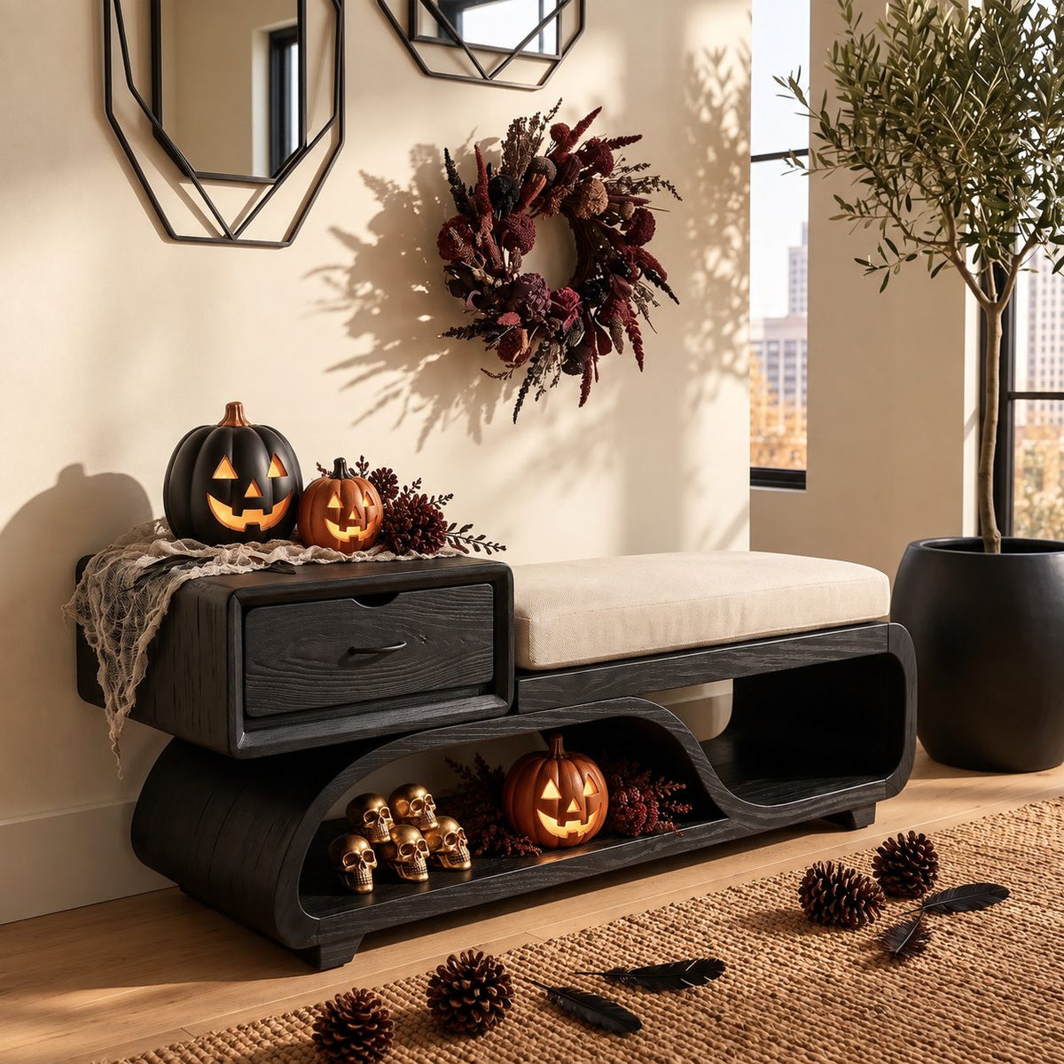 Floating Drawer S Curve Storage Bench, Sculpted Solid Wood End of Bed Bench with Open Loop Shelf