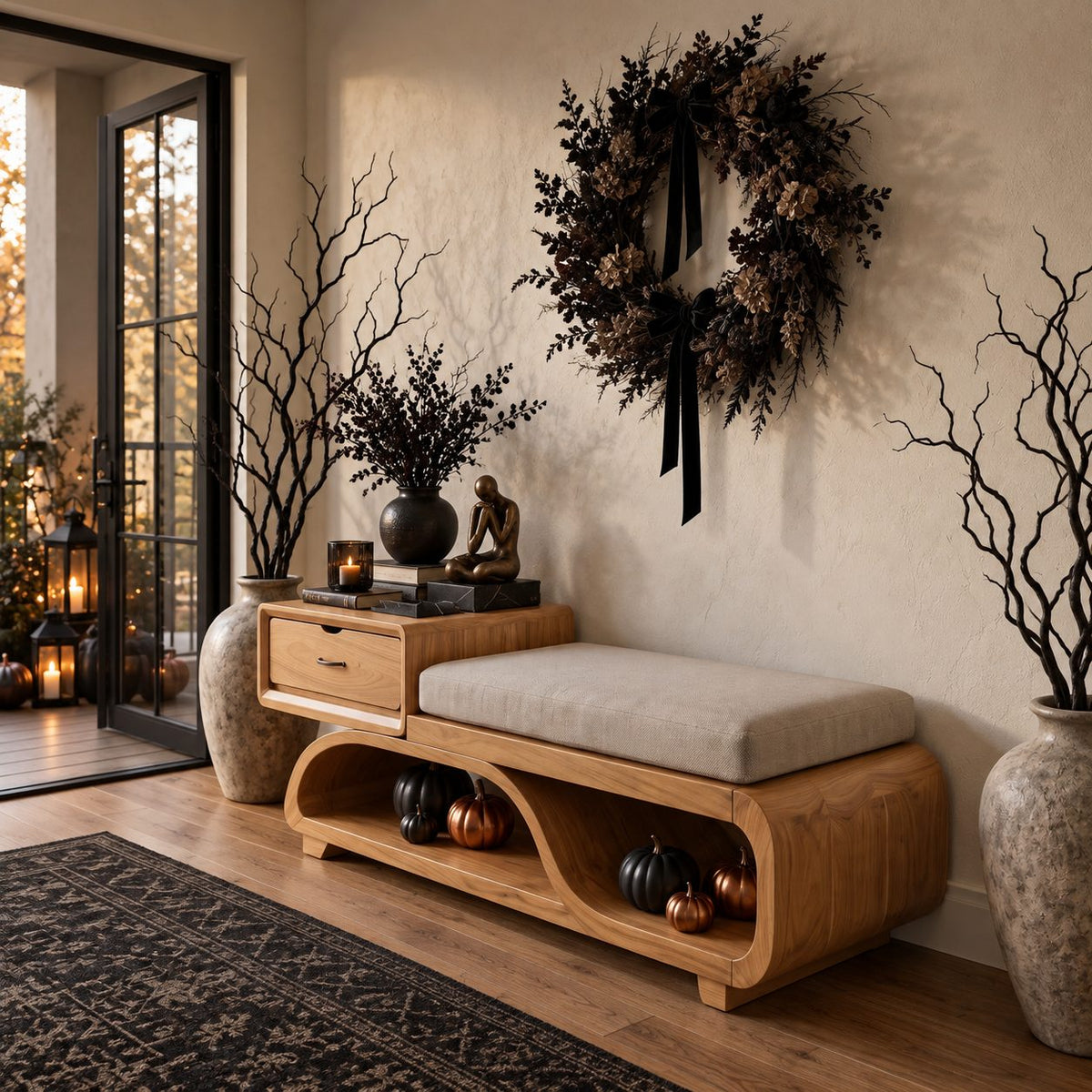 Floating Drawer S Curve Storage Bench, Sculpted Solid Wood End of Bed Bench with Open Loop Shelf