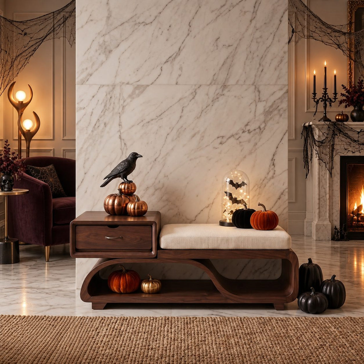 Floating Drawer S Curve Storage Bench, Sculpted Solid Wood End of Bed Bench with Open Loop Shelf