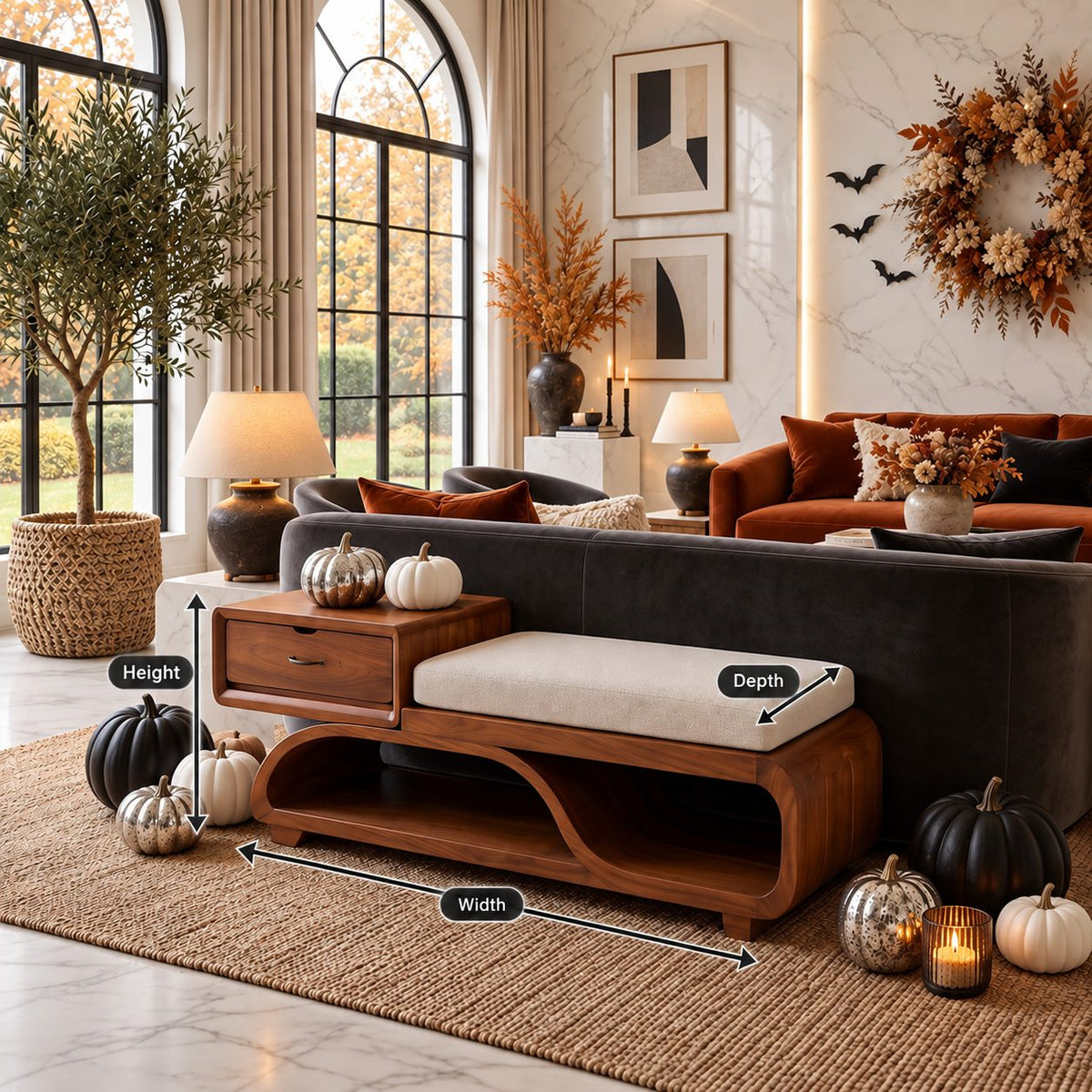 Floating Drawer S Curve Storage Bench, Sculpted Solid Wood End of Bed Bench with Open Loop Shelf