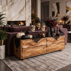 Carved Wave Front Four Drawer Chest, Low Solid Wood Dresser and Bedroom Storage Cabinet