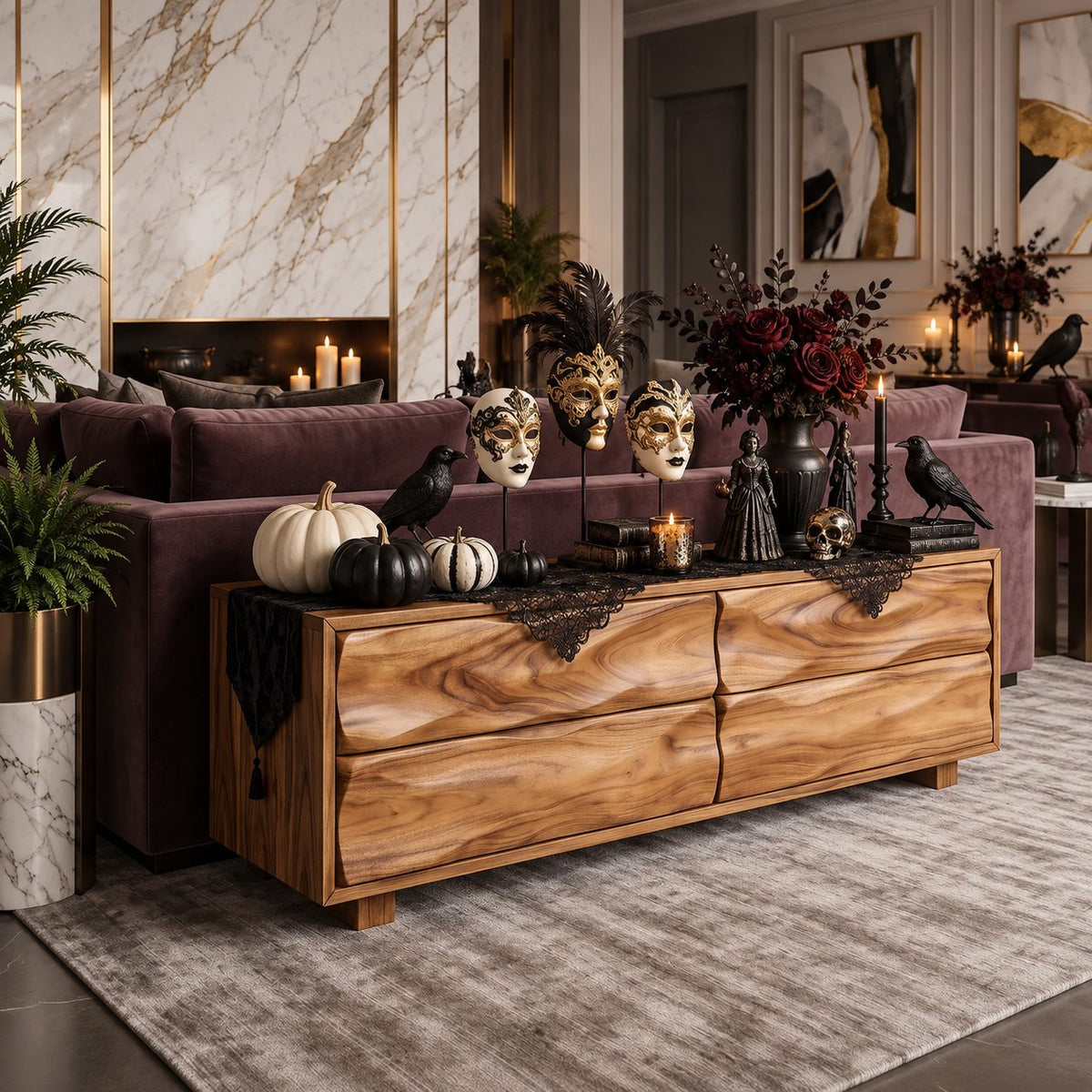 Carved Wave Front Four Drawer Chest, Low Solid Wood Dresser and Bedroom Storage Cabinet