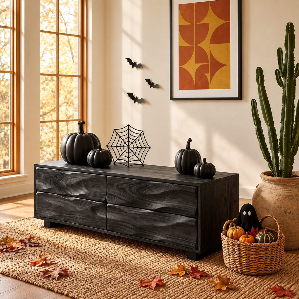 Carved Wave Front Four Drawer Chest, Low Solid Wood Dresser and Bedroom Storage Cabinet