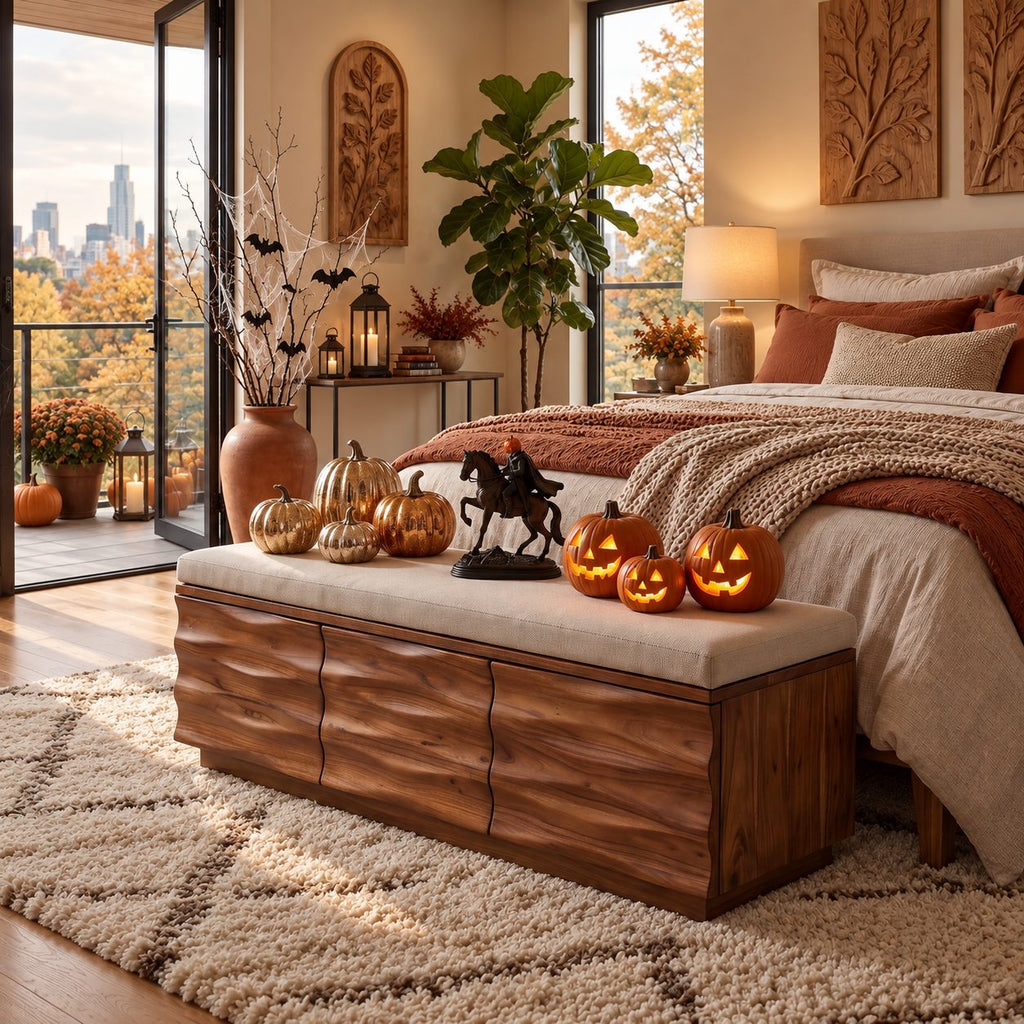 Carved Wave Front Storage Bench with Three Drawers, Solid Wood End of Bed Bench and Storage Box