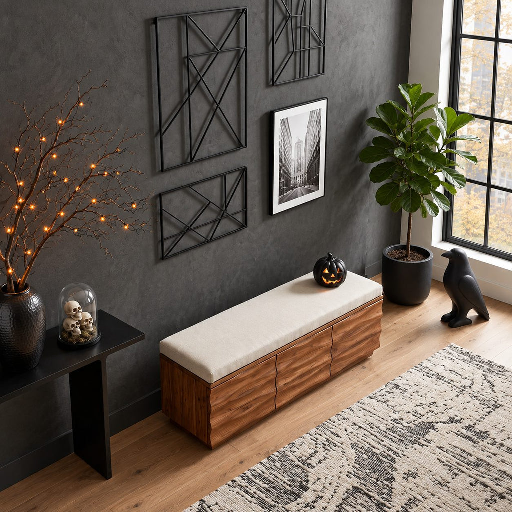 Carved Wave Front Storage Bench with Three Drawers, Solid Wood End of Bed Bench and Storage Box