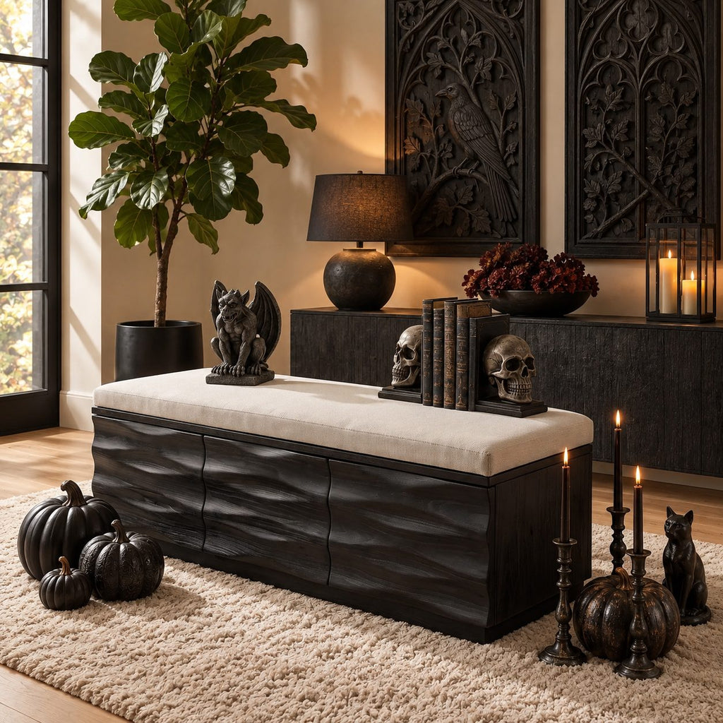 Carved Wave Front Storage Bench with Three Drawers, Solid Wood End of Bed Bench and Storage Box