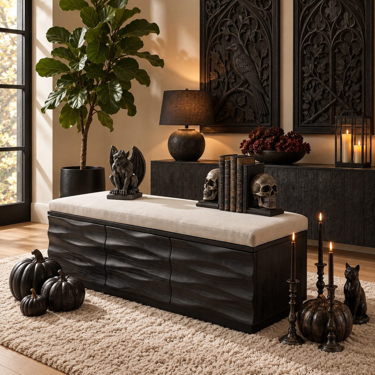 Carved Wave Front Storage Bench with Three Drawers, Solid Wood End of Bed Bench and Storage Box