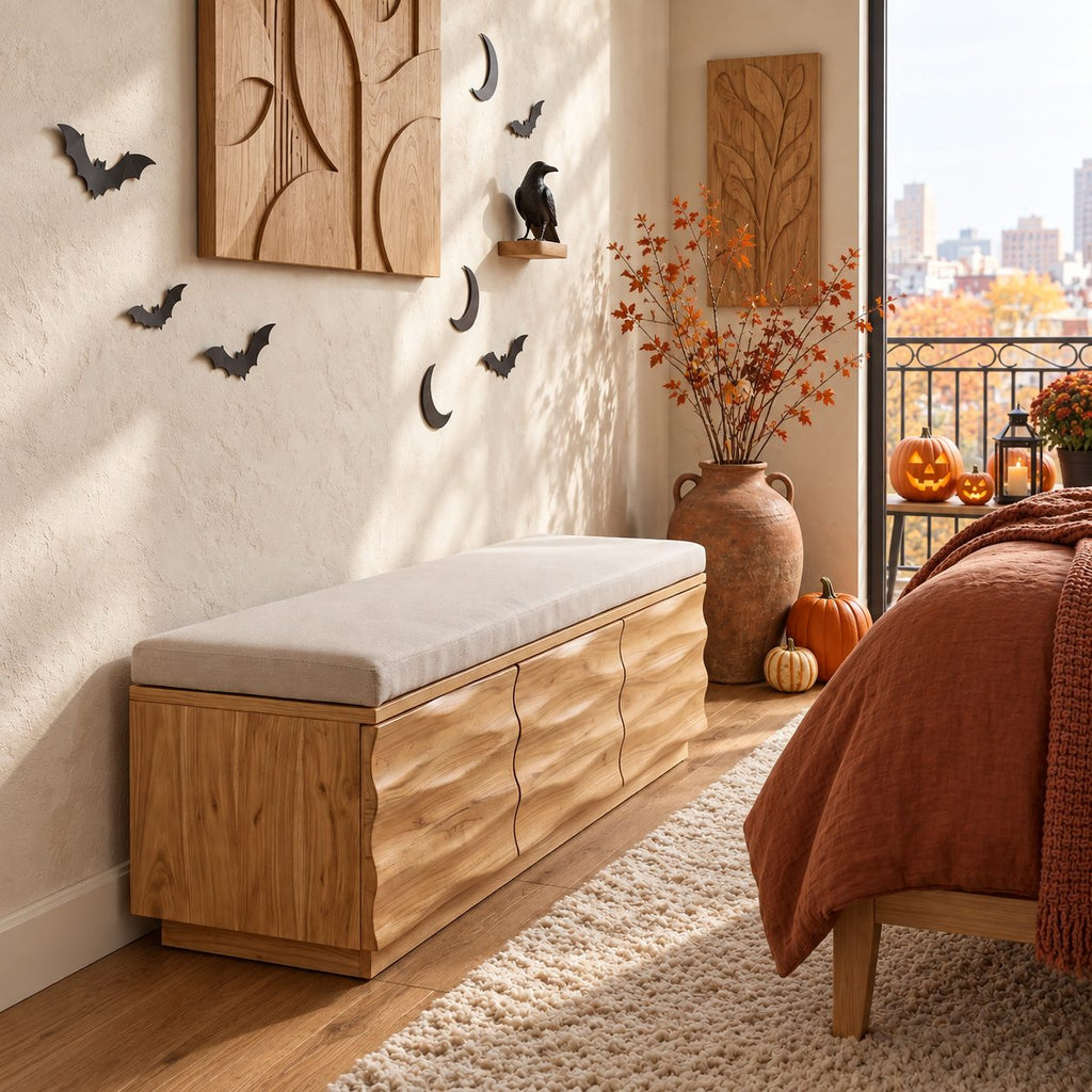 Carved Wave Front Storage Bench with Three Drawers, Solid Wood End of Bed Bench and Storage Box