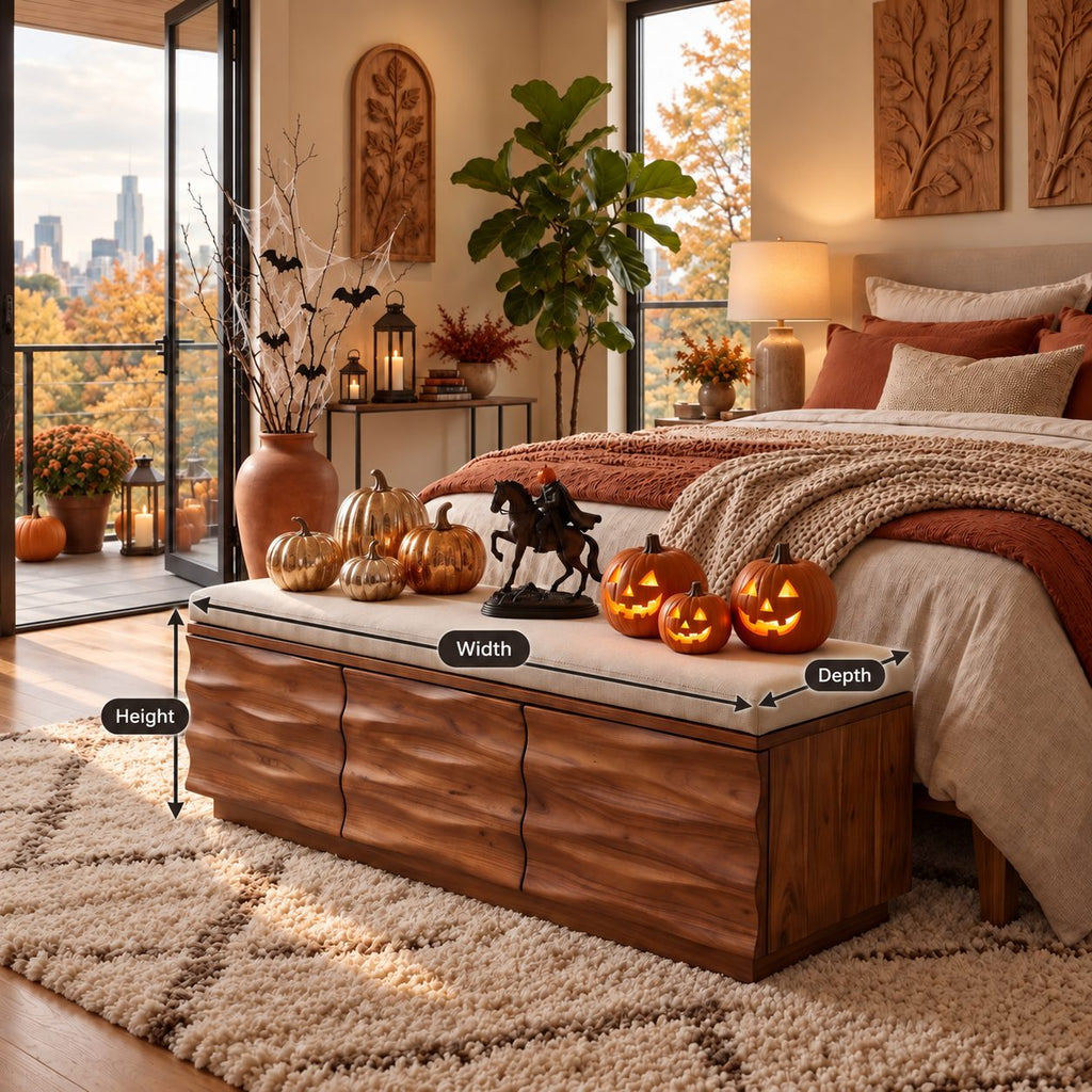Carved Wave Front Storage Bench with Three Drawers, Solid Wood End of Bed Bench and Storage Box