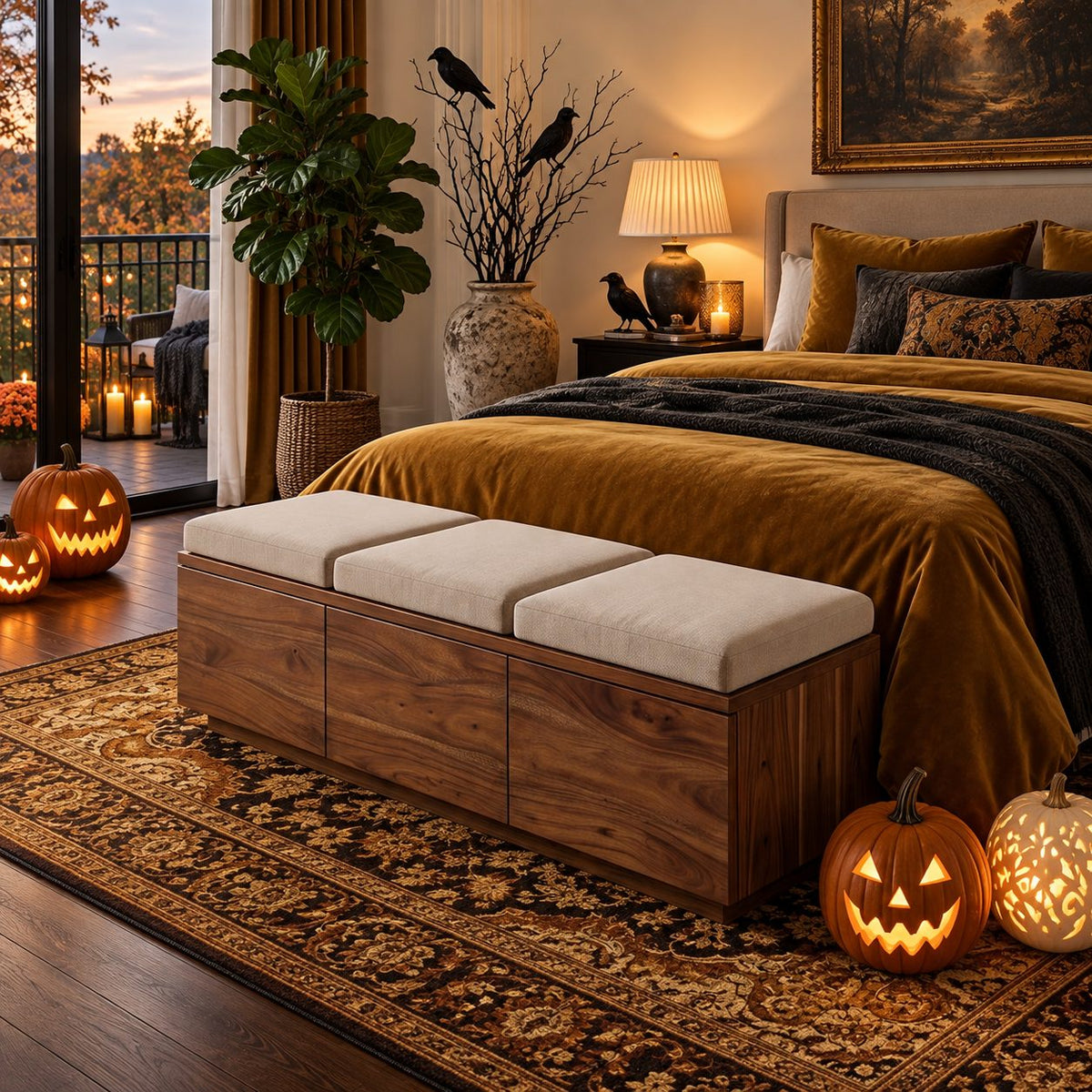 Three Drawer Box Storage Bench, Plain Solid Wood End of Bed Bench with Full Width Front Drawers