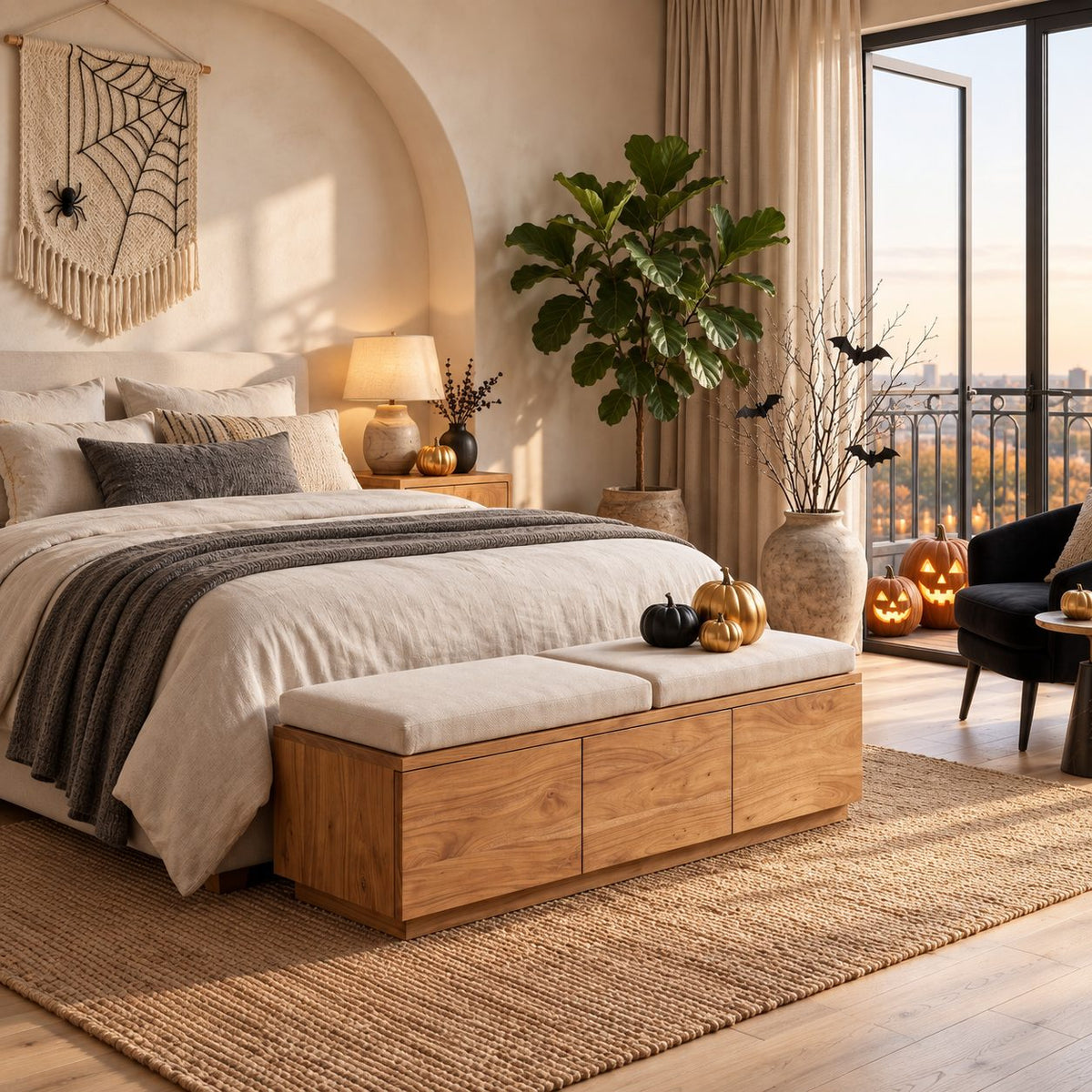 Three Drawer Box Storage Bench, Plain Solid Wood End of Bed Bench with Full Width Front Drawers