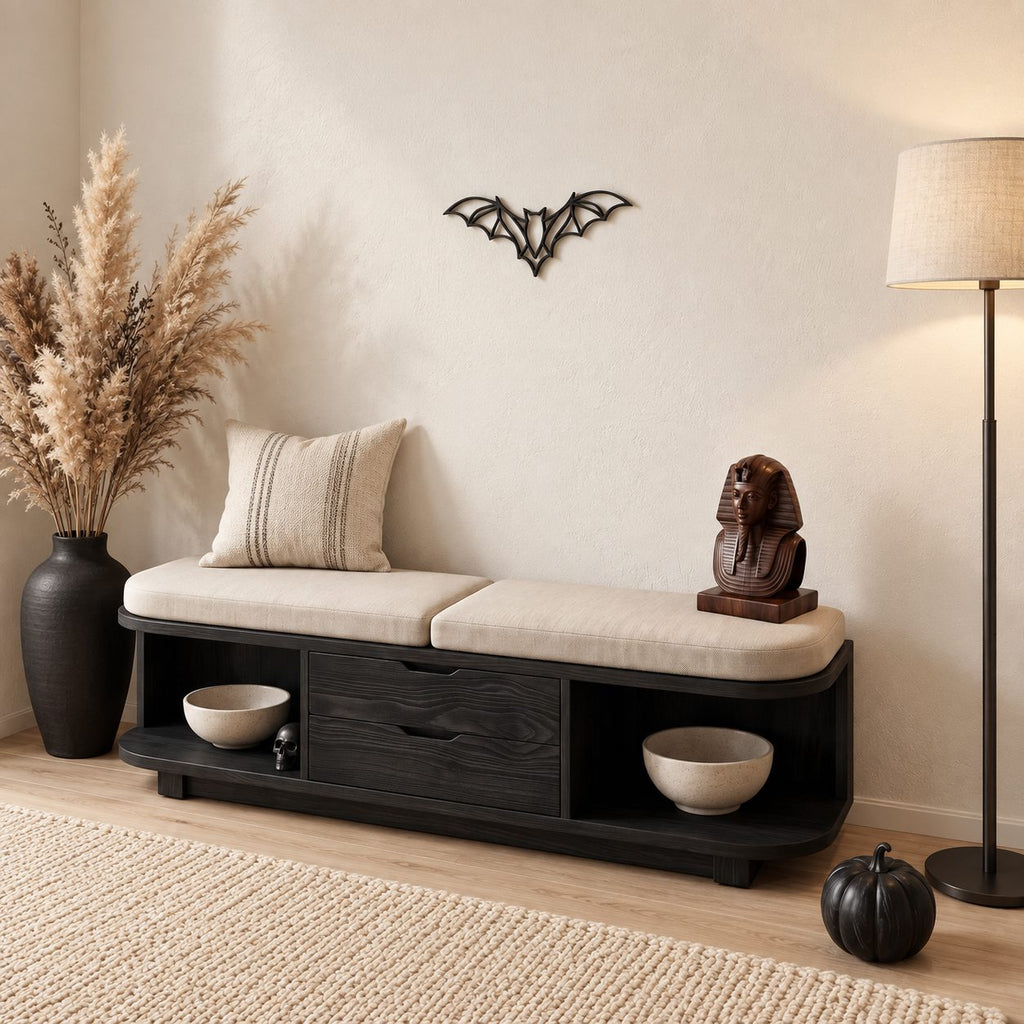 Rounded End Cubby Storage Bench with Two Center Drawers, Solid Wood End of Bed Bench