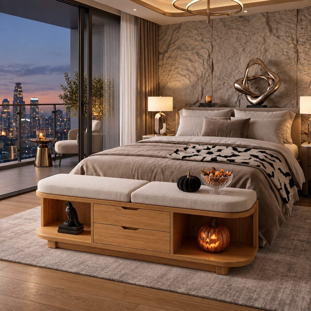 Rounded End Cubby Storage Bench with Two Center Drawers, Solid Wood End of Bed Bench