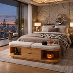 Rounded End Cubby Storage Bench with Two Center Drawers, Solid Wood End of Bed Bench