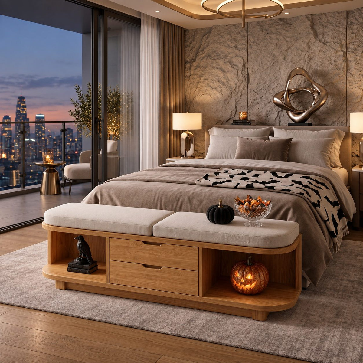 Rounded End Cubby Storage Bench with Two Center Drawers, Solid Wood End of Bed Bench