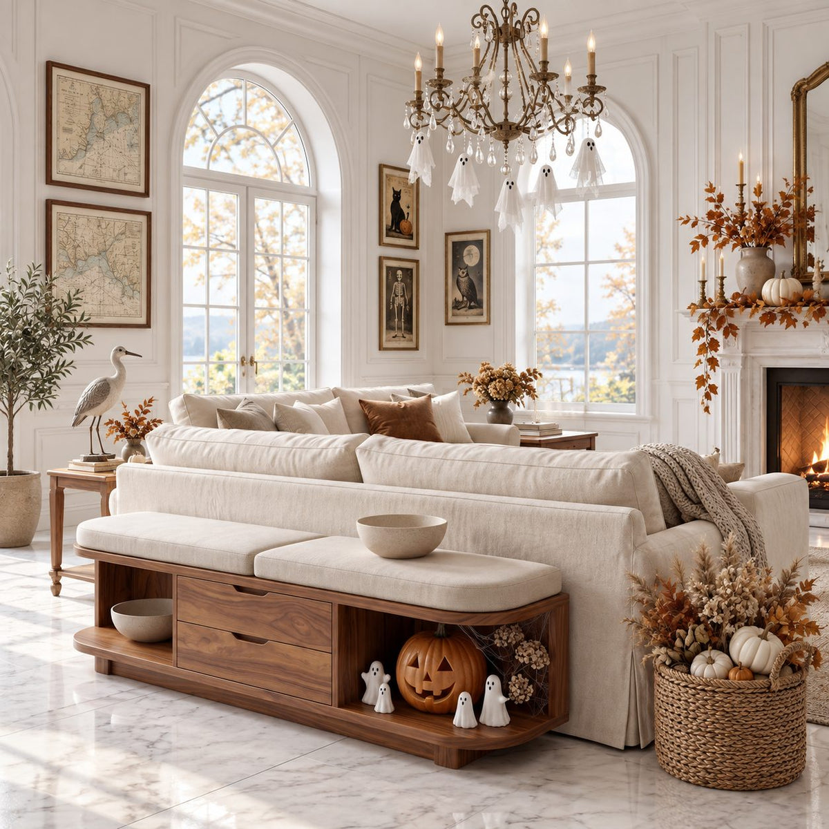 Rounded End Cubby Storage Bench with Two Center Drawers, Solid Wood End of Bed Bench
