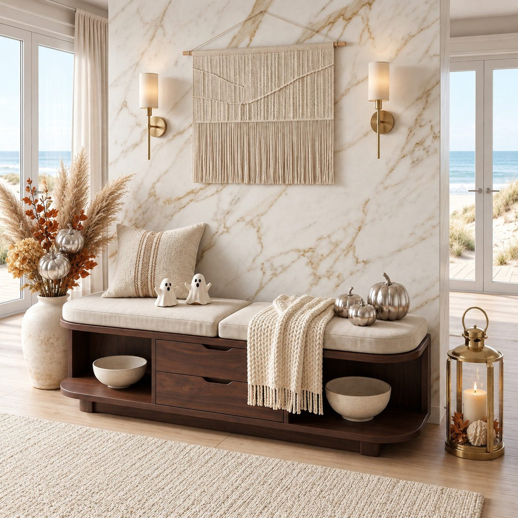 Rounded End Cubby Storage Bench with Two Center Drawers, Solid Wood End of Bed Bench